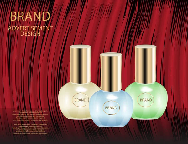 Frascos de vidrio de perfume glamuroso en el fondo rojo . — Vector de stock