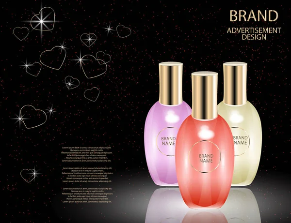 Frascos de vidrio de perfume glamuroso en el fondo de efectos brillantes . — Vector de stock