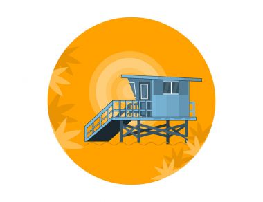 Deniz yan yaz manzara ile cankurtaran şirketten bir plaj ve parlak güneş düz tasarım.