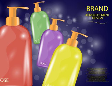 Çekici saç ve vücut bakım ürünleri ambalajları köpüklü etkileri arka plan üzerinde