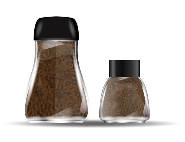 Słoiki szklane kawy z granulkami od kawy Instant na białym tle. — Wektor stockowy