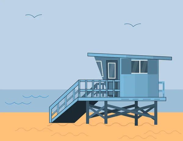 Paysage d'été côté mer avec maison de sauveteur sur une plage et mer bleue avec ciel dans un design plat — Image vectorielle