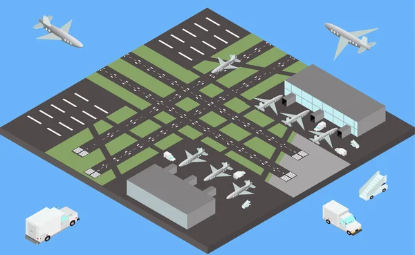 Bâtiments aéroportuaires isométriques, avions sur l'aire de trafic et la piste — Image vectorielle