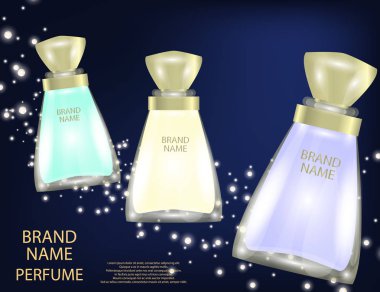 Çekici parfüm cam şişe köpüklü etkileri arka plan üzerinde.