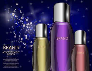 Göz alıcı Kozmetik Şişeler, kavanozlar köpüklü etkileri arka plan üzerinde.