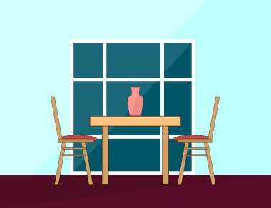 Romantik bir akşam yemeği. Yemek masası ve sandalyeler dairede iki kişi için.