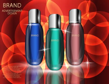 Göz alıcı Kozmetik Şişeler, kavanozlar köpüklü etkileri arka plan üzerinde.