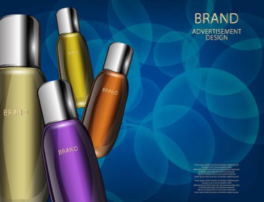 Göz alıcı Kozmetik Şişeler, kavanozlar köpüklü etkileri arka plan üzerinde