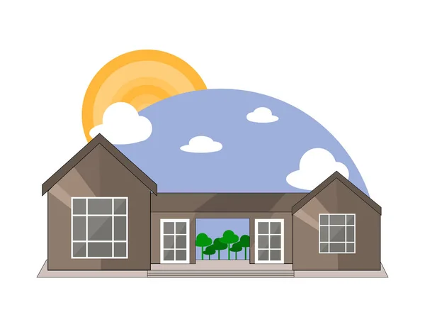Horská strana letní krajina s domem, stromy, lesklé slunce a mraky v plochý Design. — Stockový vektor