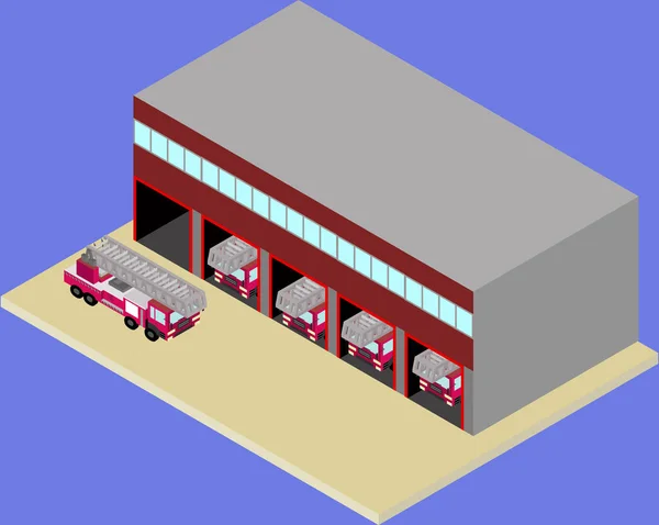 在 vecto 的等距消防站和消防卡车 — 图库矢量图片