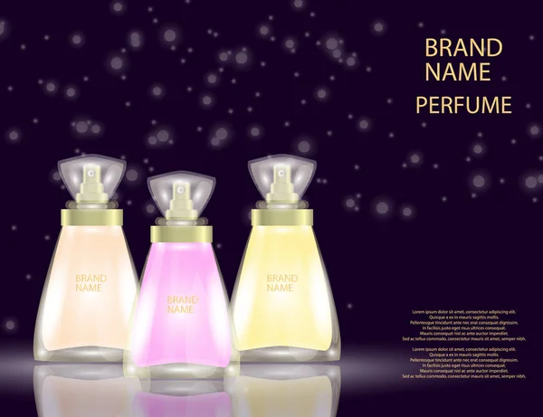 Flacons de verre de parfum glamour sur le fond des effets scintillants . — Image vectorielle