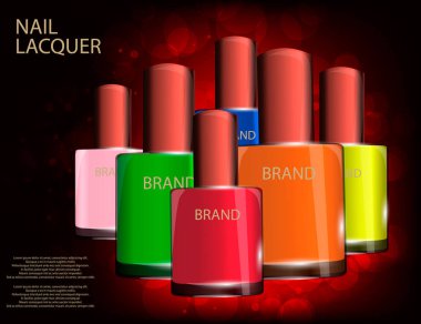 Renkli tırnak vernik şablon, köpüklü etkileri arka plan üzerinde parlak şişe. Mock-up 3d gerçekçi vektör