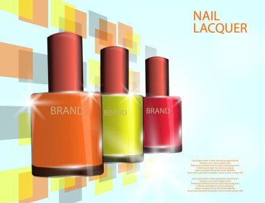 Renkli tırnak vernik şablon, köpüklü etkileri arka plan üzerinde parlak şişe. Mock-up 3d gerçekçi vektör çizim