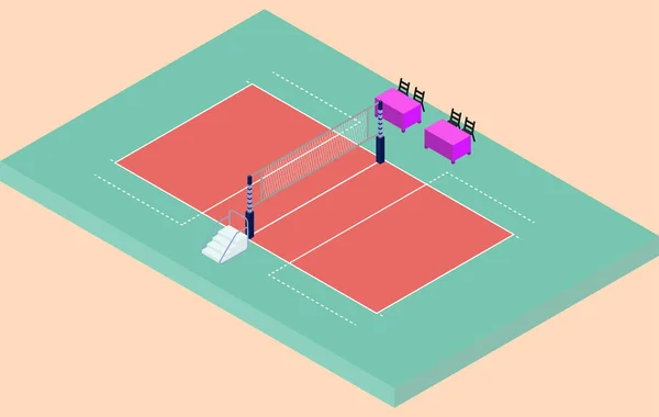 Estadio de voleibol isométrico con red, arena y lugar de jueces — Vector de stock