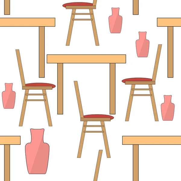 Meble, stół, krzesło i wazon wzór na białym tle. — Wektor stockowy