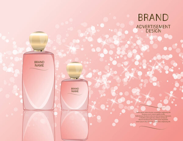 Гламурные духи стеклянные бутылки на фоне эффектов блеска. Макет 3D реалистичной векторной иллюстрации
