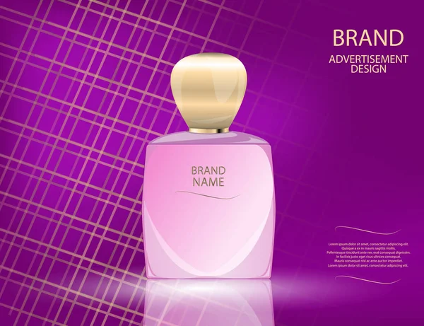 Frasco de vidrio de perfume glamuroso en el fondo de efectos brillantes. Ilustración vectorial realista en 3D simulada — Vector de stock