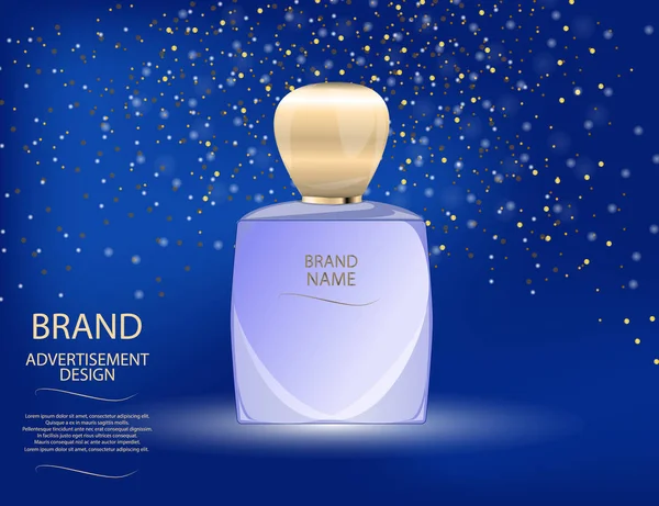 Çekici parfüm cam şişe köpüklü etkileri arka plan üzerinde. Mock-up 3d gerçekçi vektör çizim
