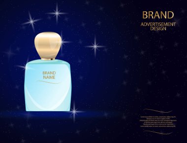 Çekici parfüm cam şişe köpüklü etkileri arka plan üzerinde. Mock-up 3d gerçekçi vektör çizim