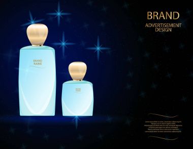 Çekici parfüm cam şişe köpüklü etkileri arka plan üzerinde. Mock-up 3d gerçekçi vektör çizim