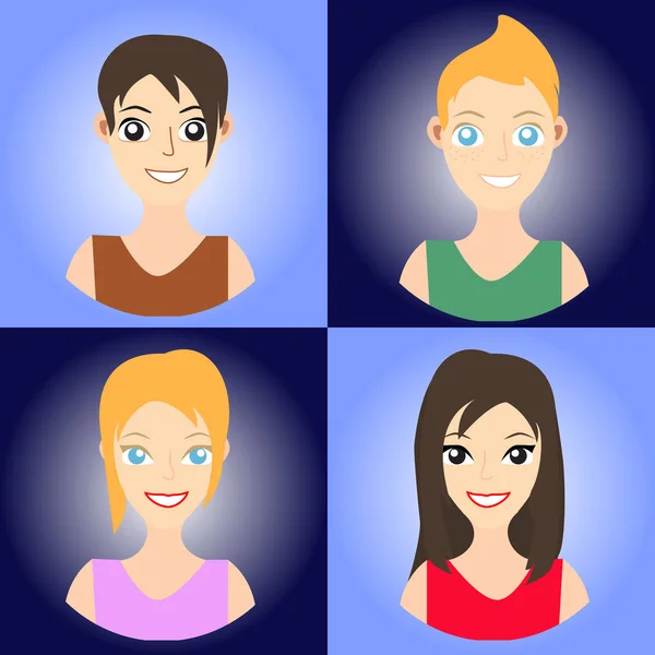 Charakter von zwei Jungen und zwei Mädchen mit verschiedenen Haar- und Augenfarben — Stockvektor