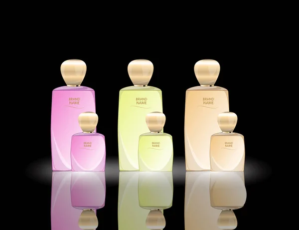 Frascos de vidrio de perfume glamuroso en el fondo de efectos brillantes. Ilustración vectorial realista en 3D simulada — Archivo Imágenes Vectoriales