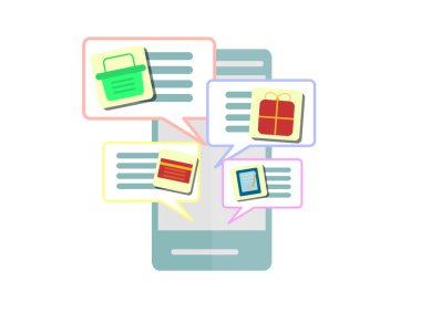 Modern kavram Internet, Mobil alışveriş iletişim ve teslimat hizmeti üzerinden ürün satın alma. Düz tasarım.