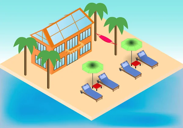 Chalet isométrique, fauteuils, parasol, hamac sur la plage tropicale avec palmiers — Image vectorielle