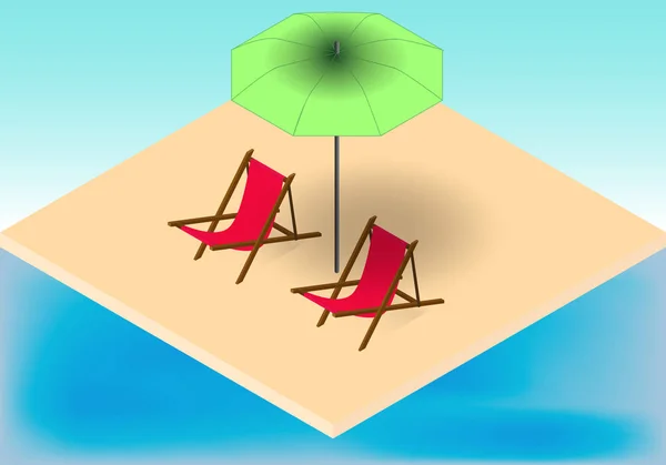 Plage tropique isométrique, fauteuils et parasol près d'une mer — Image vectorielle