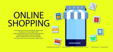 Modern kavram Internet, Mobil alışveriş iletişim ve teslimat hizmeti üzerinden ürün satın alma. Düz tasarım.
