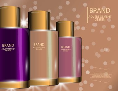 Kollajen Premium Serum kapsayıcılar şablon, köpüklü etkileri arka plan üzerinde parlak şişe. Mockup 3d gerçekçi vektör çizim