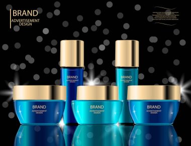 Köpüklü üzerinde göz alıcı yüz güzellik bakım ürünleri ambalajları arka plan efektleri. Mock-up 3d gerçekçi vektör çizim