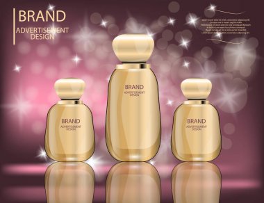 Beyaz arka plan üzerinde göz alıcı Vakfı cam şişeler göl kenarında. Mock-up 3d gerçekçi vektör çizim