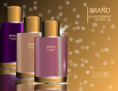 Kollajen Premium Serum kapsayıcılar şablon, köpüklü etkileri arka plan üzerinde parlak şişe. Mockup 3d gerçekçi vektör çizim