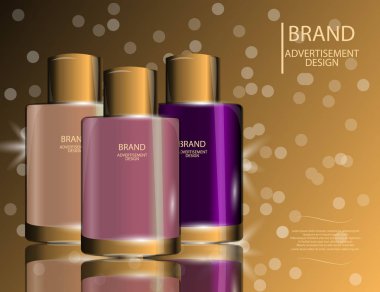 Kollajen Premium Serum kapsayıcılar şablon, köpüklü etkileri arka plan üzerinde parlak şişe. Mockup 3d gerçekçi vektör çizim