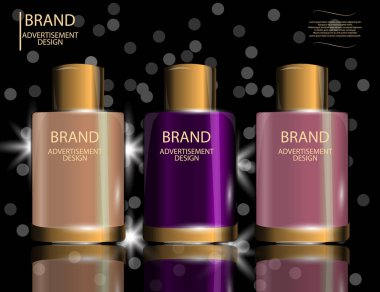 Kollajen Premium Serum kapsayıcılar şablon, köpüklü etkileri arka plan üzerinde parlak şişe. Mockup tasarım 3d gerçekçi vektör çizim,