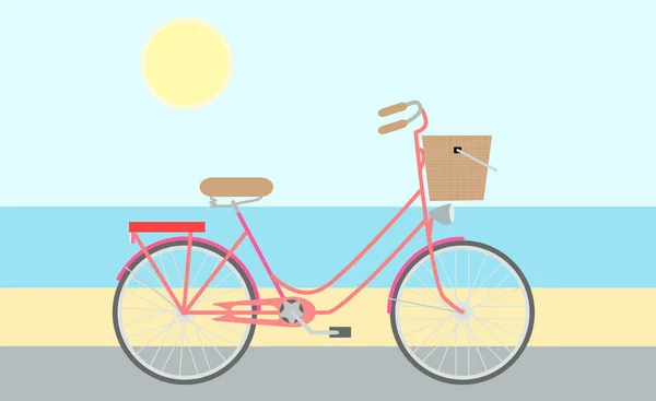 Platte model van fiets op de weg aan de kust — Stockvector