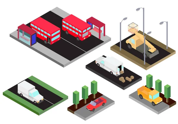 Modèle isométrique de diverses voitures isolées bus rouge à deux étages, camion, camion godet, cabriolet, van — Image vectorielle