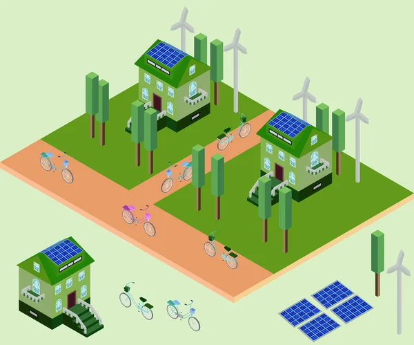 Isometrische eco elementen voor stad, broeikasgassen, fiets, laden, windmolen — Stockvector