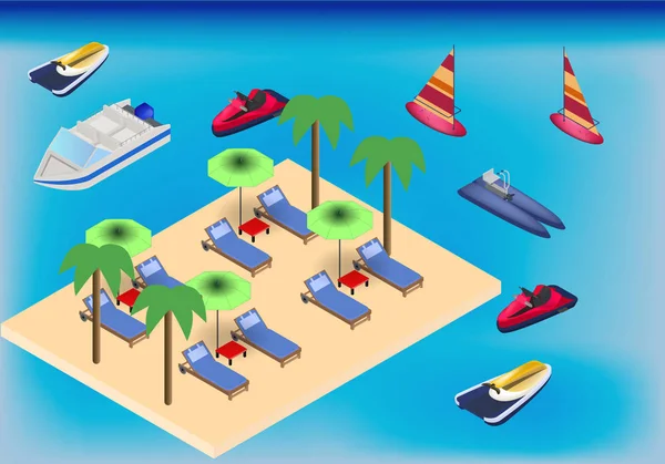 Isometrischer Strand und Meer mit Sesseln, Sonnenschirm und Wassertransport — Stockvektor