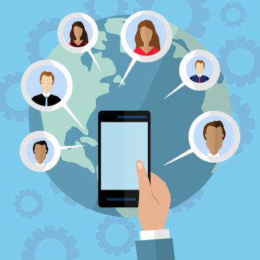 Sosyal medya ve Global iletişim kavramı. Düz illüstrasyon