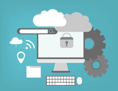 Cloud Computing öğeleri kavramı. Aygıtları bulut Gears ile bağlı. Düz illüstrasyon.