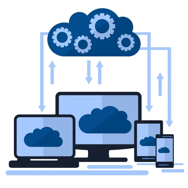 Cloud Computing Elemente Konzept. Geräte, die mit Getrieben mit der Cloud verbunden sind. — Stockvektor