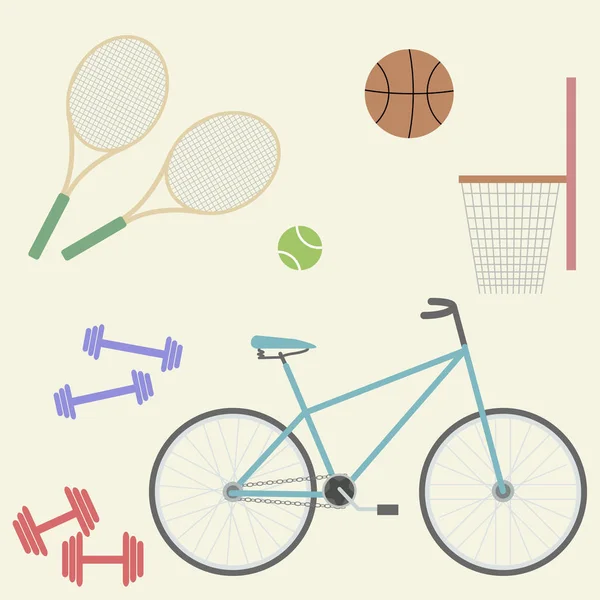 スポーツ フラット イメージ: 自転車、バスケット ボール、ラケット、テニス ・ ボール、ダンベル — ストックベクタ