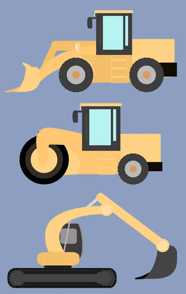 Ensemble de machines de construction routière, rouleau de route, pelle, chargeuse sur pneus, images plates — Image vectorielle