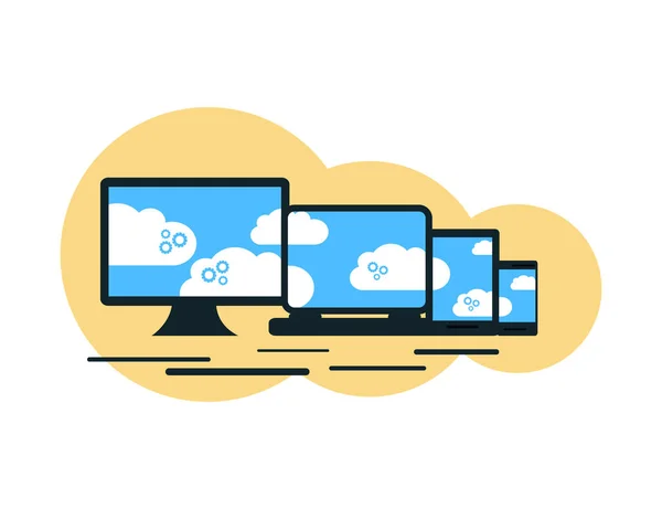 Serviços de nuvem modernos e Cloud Computing Elements Concept. Dispositivos conectados à nuvem com engrenagens. Ilustração plana . — Vetor de Stock