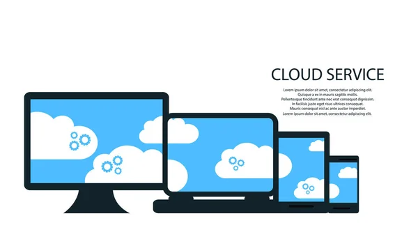 Moderne Cloud-Dienste und Cloud-Computing-Elemente Konzept. Geräte, die mit Zahnrädern mit der Cloud verbunden sind. flache Abbildung. — Stockvektor