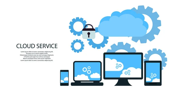 Serviços de nuvem modernos e Cloud Computing Elements Concept. Dispositivos conectados à nuvem com engrenagens. Ilustração plana . — Vetor de Stock