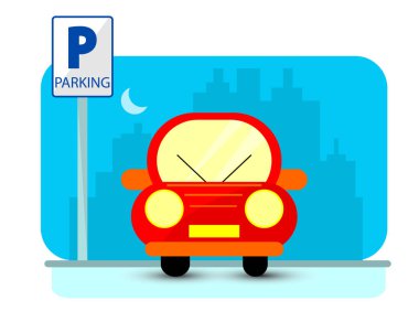 Kavramı kırmızı araba ile şehir silueti üzerinde düz stil otopark. Düz illüstrasyon