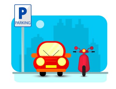 Kavramı kırmızı araba ve byke ile düz stil şehir silueti üzerinde otopark. Düz illüstrasyon